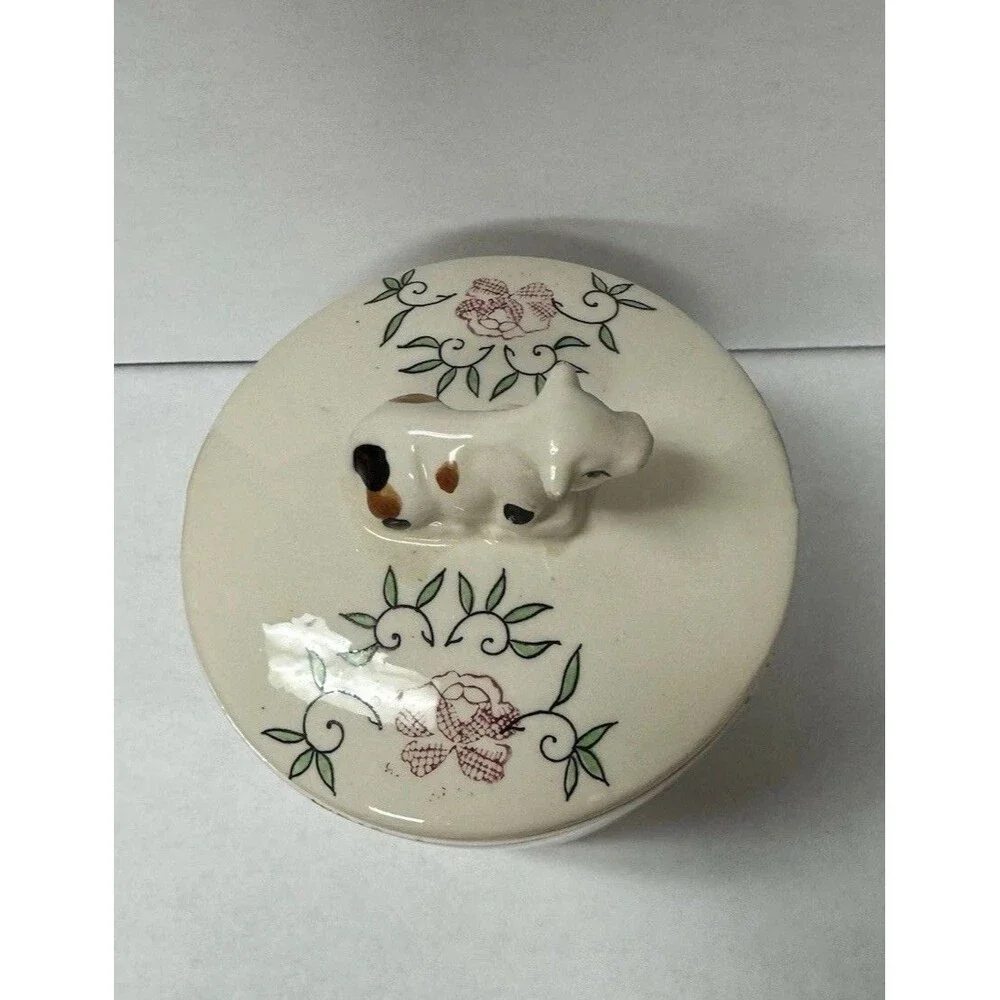 VTG Ceramic Butter or Grease Jar Cow Figural Handle , Painted Rooster Folk Art